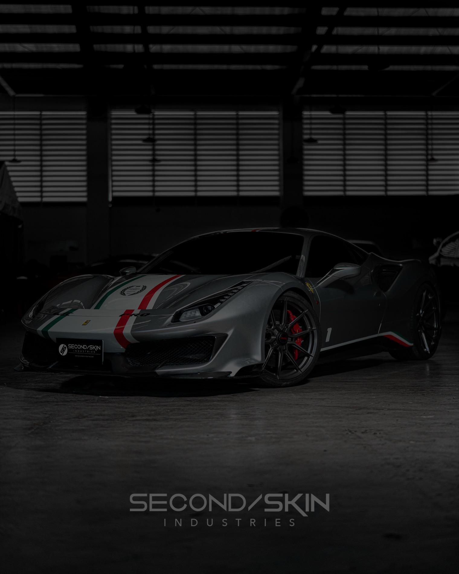 Ferrari 488 Pista in silver wrap with Italian tricolore stripe